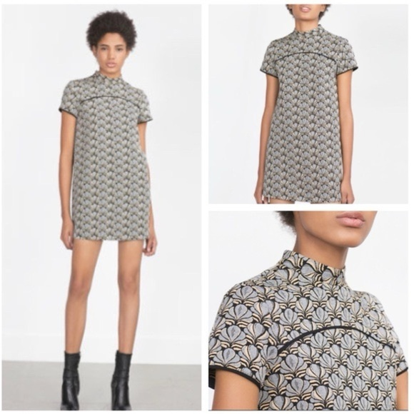 Zara Dresses & Skirts - ZARA BASIC SIZE SMALL S BLUE HIGH NECK JACQUARD SHORT SLEEVE MINI CASUAL DRESS